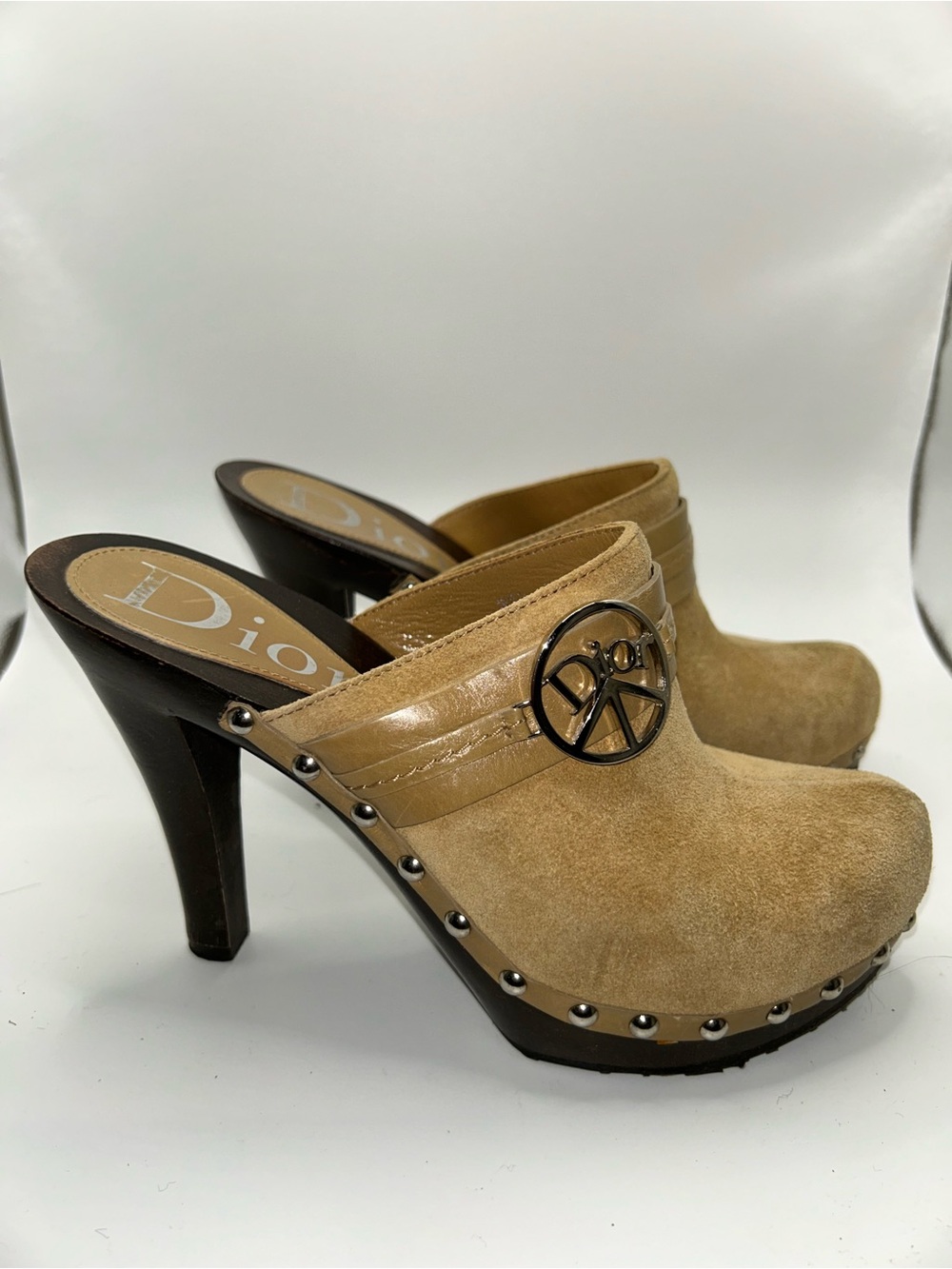 Christian Dior heeled mules suede and wood size 35 1/2